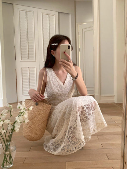 Mon. 韓系氣質蕾絲鉤花紗雙層透視連身裙