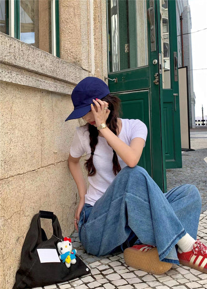 Thu. 牛仔繩綁帶鬆緊牛仔拖地長褲