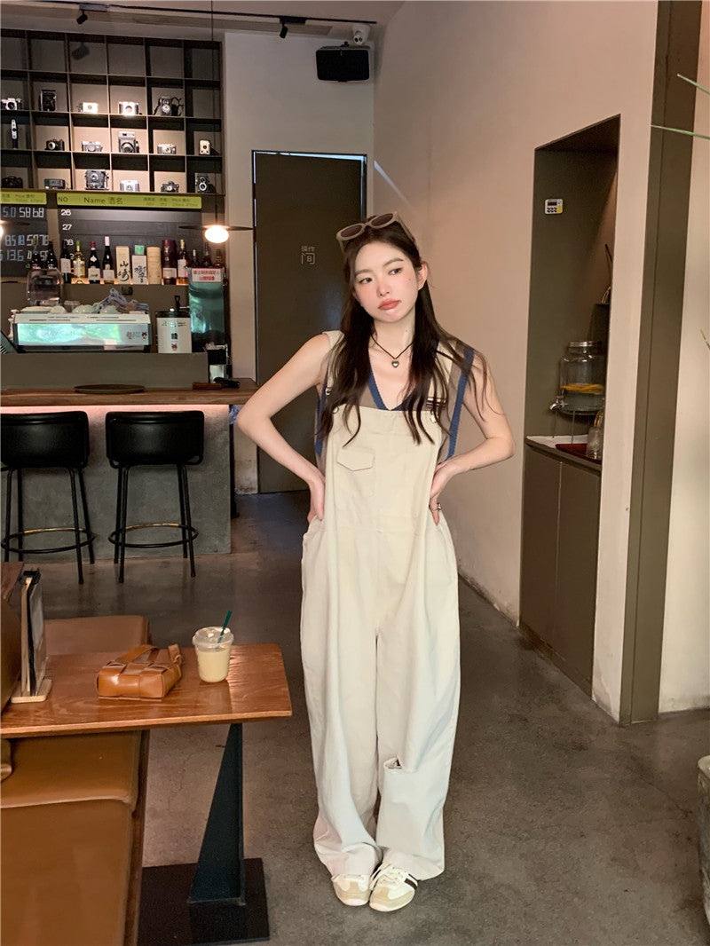 Sat. 大口袋工裝卡其吊帶褲