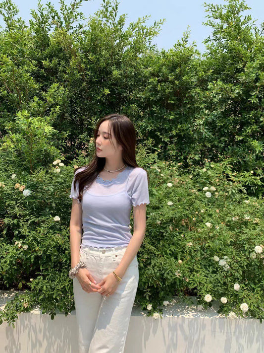 Thu. 顯嫩少女波浪袖兩件式疊穿上衣 藍