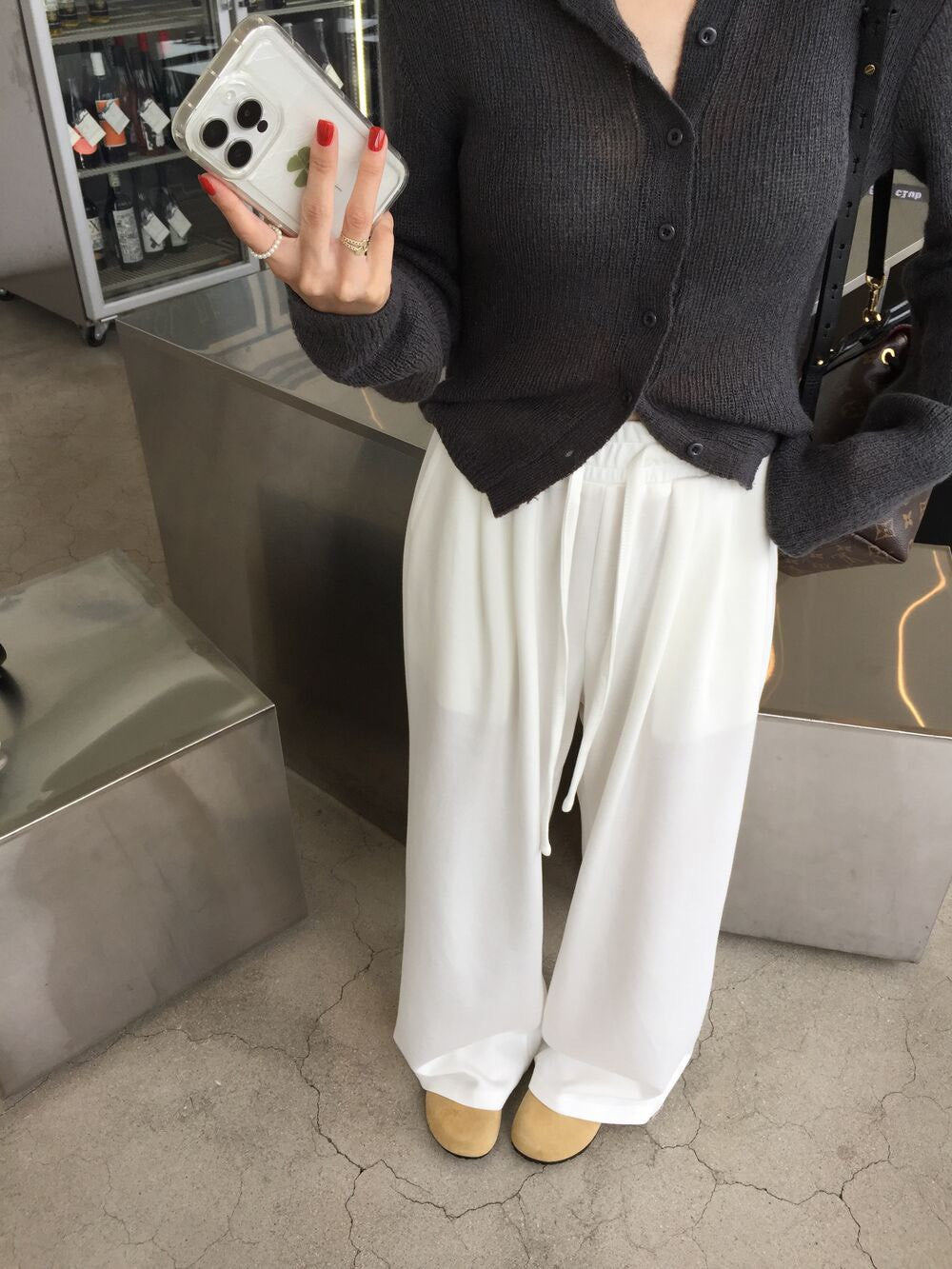 Mon. 韓女慵懶感特殊機法微透視針織襯衫 湖藍/灰