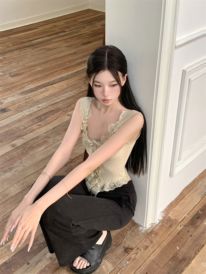 Fri. 復古蕾絲繞邊馬甲背心 卡其/黑