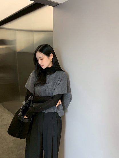 Fri. 氣質韓chic針織疊穿斗篷 卡其/灰黑