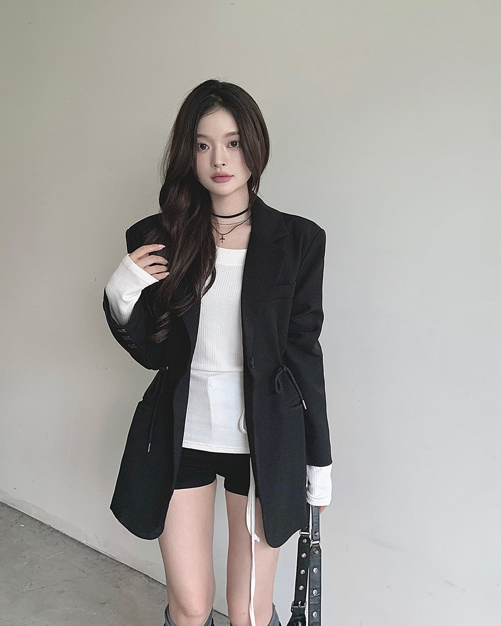 Fri. 休閒抽繩可調腰身西裝外套 卡其/黑