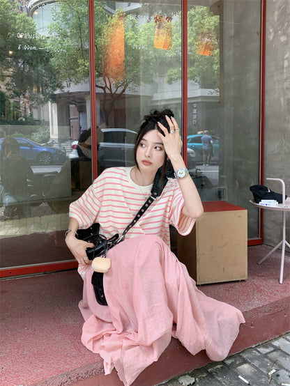 Tue. 夏日條紋圓領上衣 粉