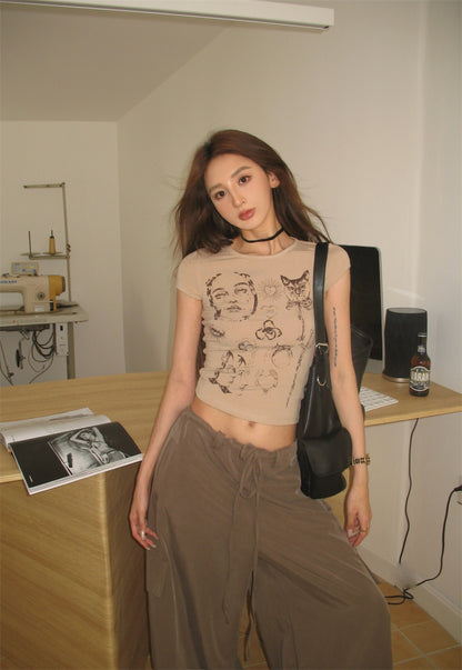 Mon. 古著塗鴉短版上衣 棕