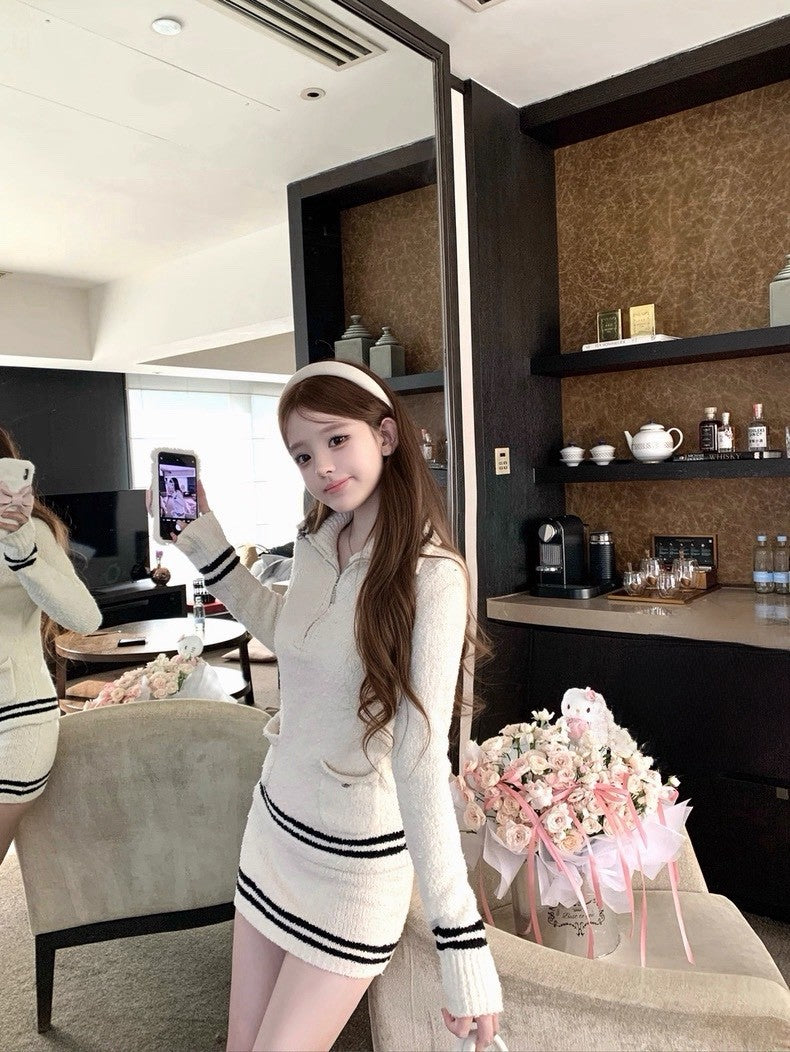 Tue. 小香滑雪系列 高允真同款立領雪道針織套裝 （撞色米白）