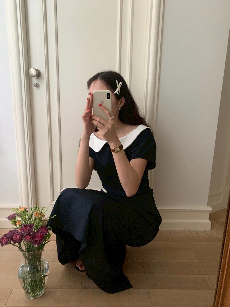 Mon. 優雅珍妮一字撞色領收腰連身裙