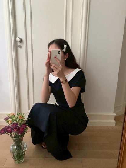 Mon. 優雅珍妮一字撞色領收腰連身裙