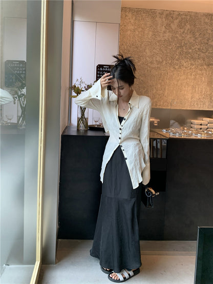 Wed. 肌理紋收腰寬領襯衫 杏色