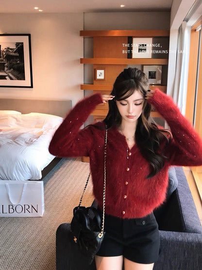 Tue. Wink絨感鎏金仿兔絨亮紗紅開衫