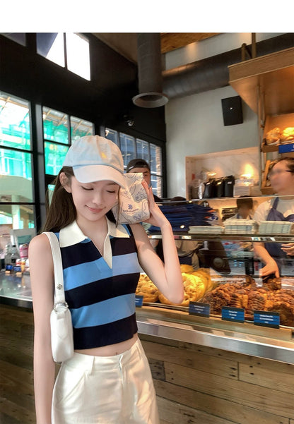 Mon. 美高百搭通勤針織polo背心 藍黑