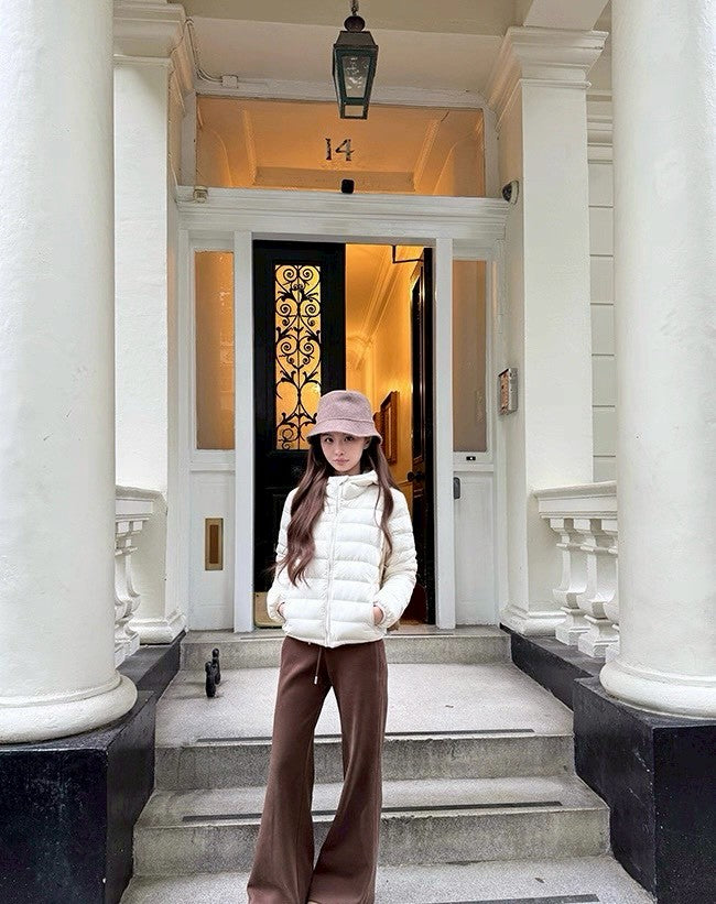 Fri. 高克重冬褲 銀狐絨寬腰抽繩喇叭褲 粉/咖