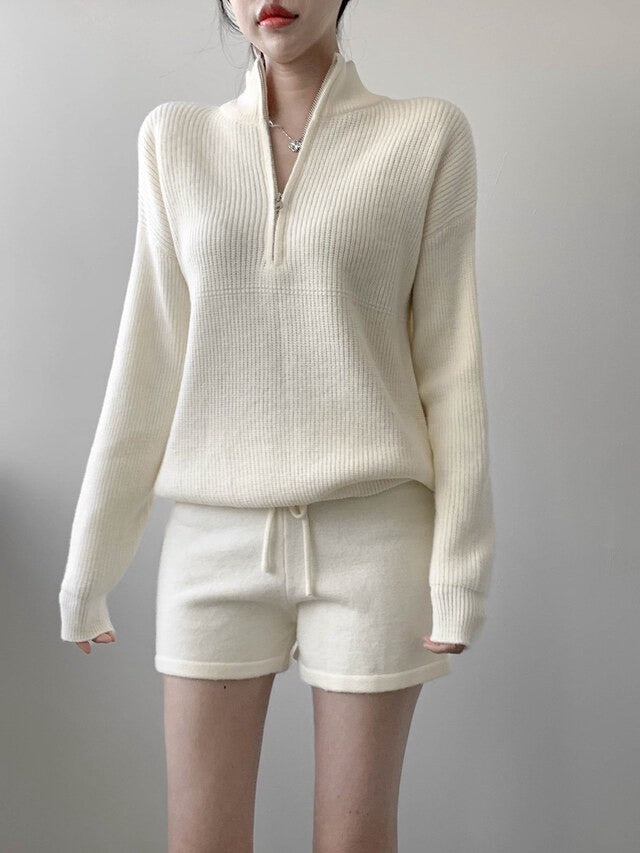 Fri. 慵懶立領針織短褲套裝 灰/米