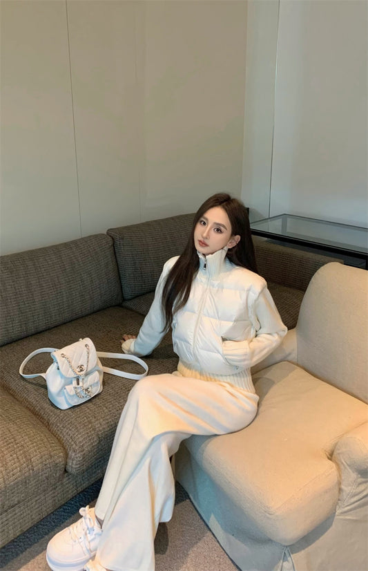 Sun. 美式休閒高領針織拼接羽絨外套