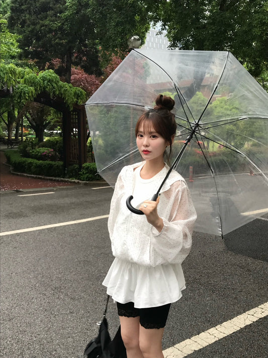 Tue. 日漫少女可愛連帽波點拉鏈外套 白