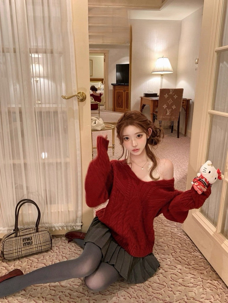 Tue. 歐尼香氣氣質V領百搭紅色麻花上衣 灰色百褶裙