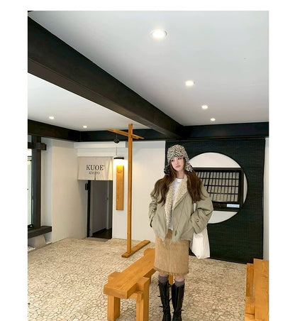 Thu. 秋冬復古褶皺半身裙 卡其