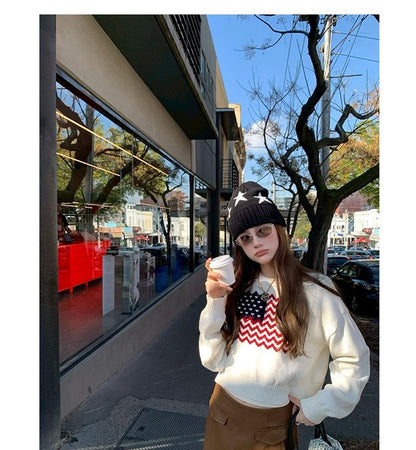 Thu. 一眼街拍美式印花圓領可愛毛衣 杏