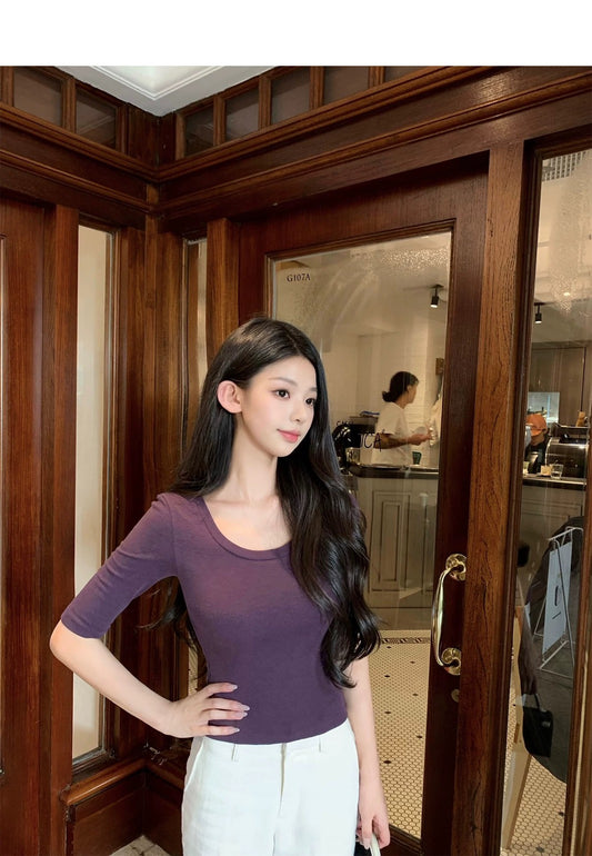 Thu. 超好搭韓女氣質五分袖U領上衣 白/紫