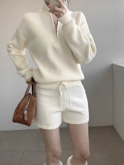 Mon. 休閒慵懶立領針織短褲套裝 灰色/米色