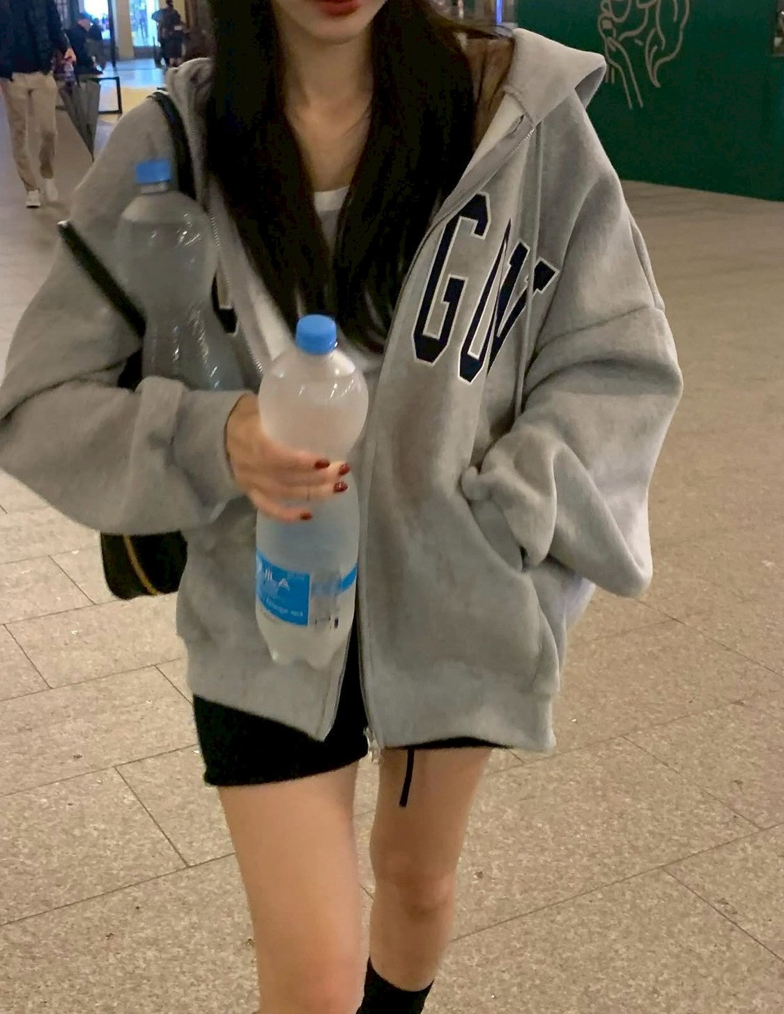 Mon. 韓chic休閒百搭加絨版連帽雙拉鏈外套 藍/灰