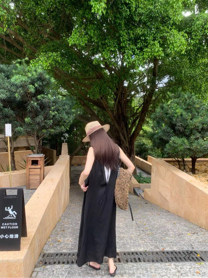 Tue. 雙拼色慵懶寬鬆綁帶連身裙 黑白色