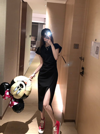 Sun. 休閒抓皺開叉連身T恤 黑