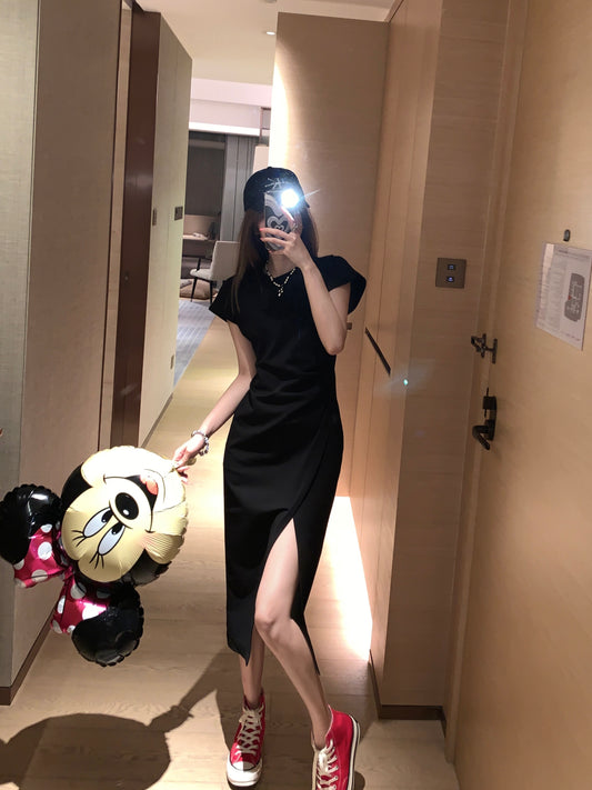 Sun. 休閒抓皺開叉連身T恤 黑