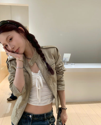 Mon. 美式做舊立領正肩修身夾克 卡其