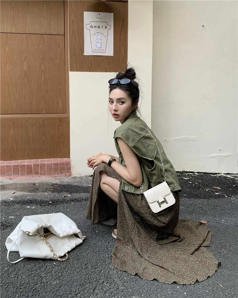 Thu. 復古v領連身長裙 復古排扣背心