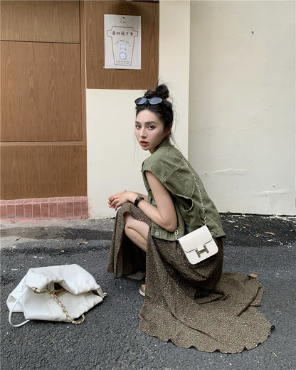 Thu. 復古v領連身長裙 復古排扣背心