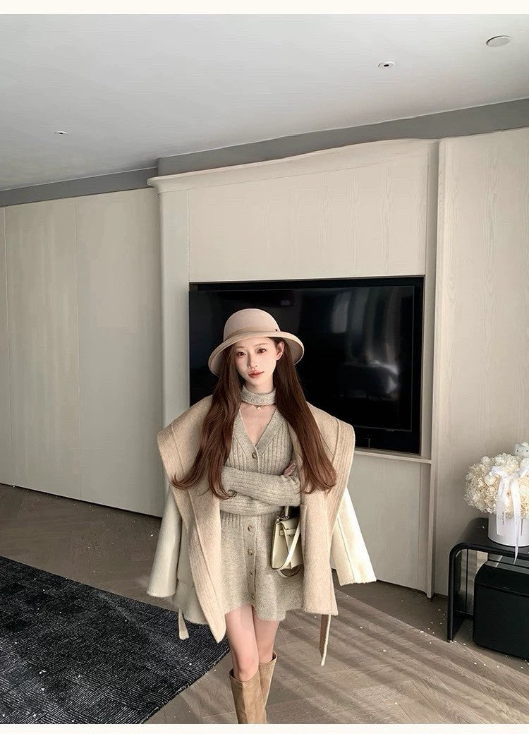 Tue. 傾心芭蕾氣質小心機針織收腰連身裙 燕麥