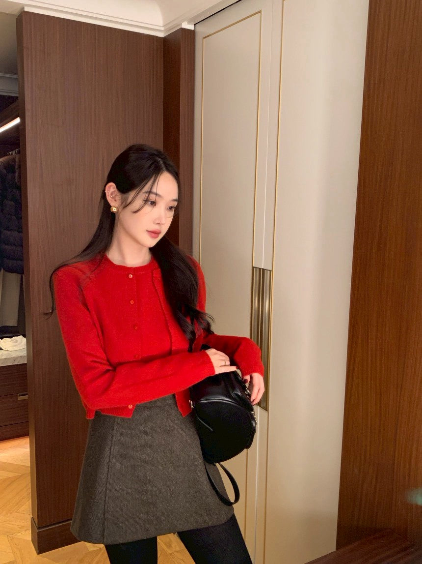 Mon. 童話書通勤百搭針織上衣外套2件組 紅/黑