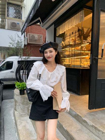 Sat. 氣質蕾絲拼接領上衣 白