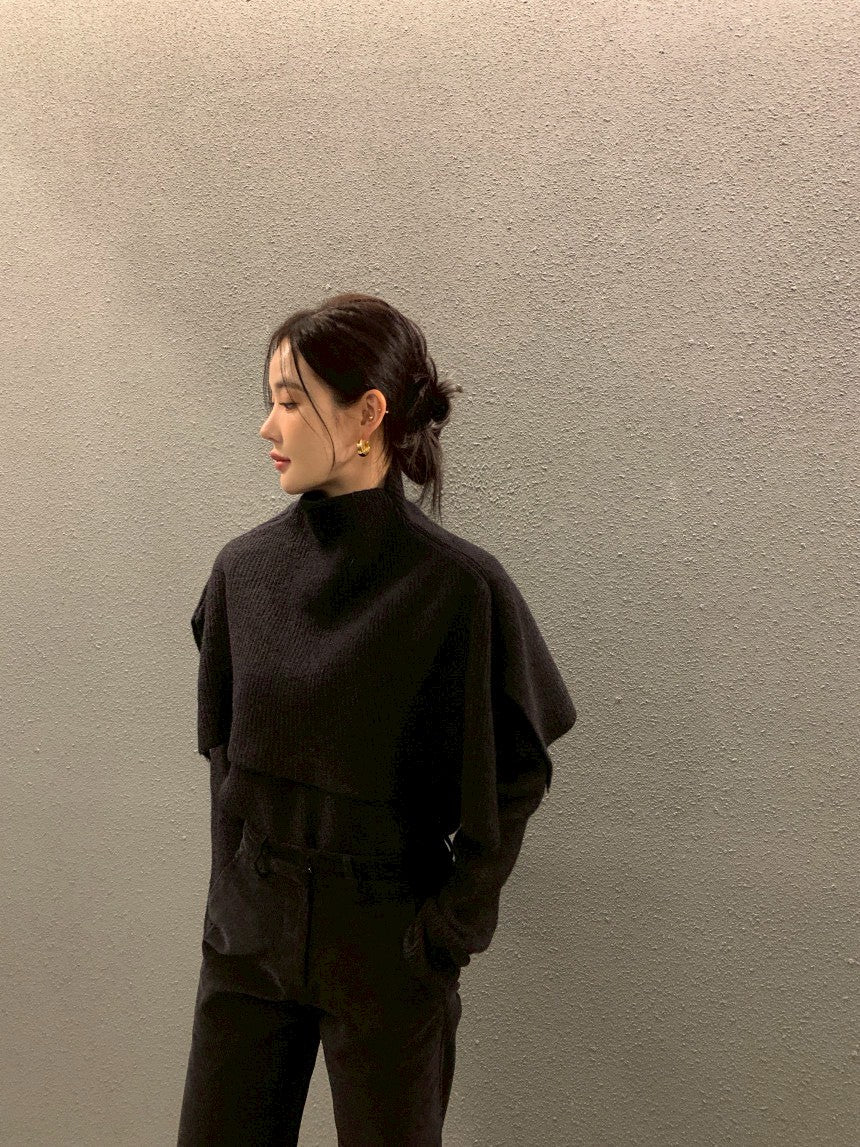 Fri. 斗篷疊穿氣質針織顯瘦2件式上衣 杏/黑