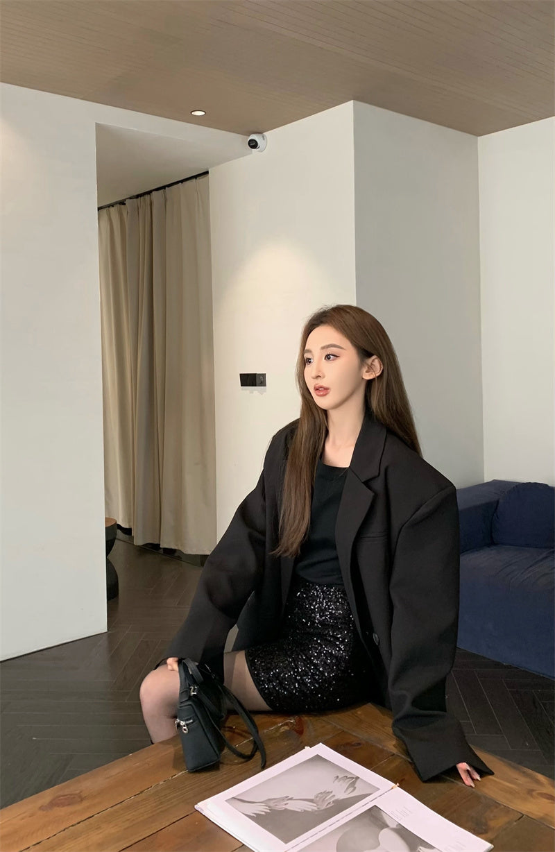 Wed. 通勤兩粒扣墊肩西裝外套 黑色亮片裙