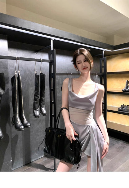 Sun. 落幕星河 緞面性感網紗拼接墜感連身裙