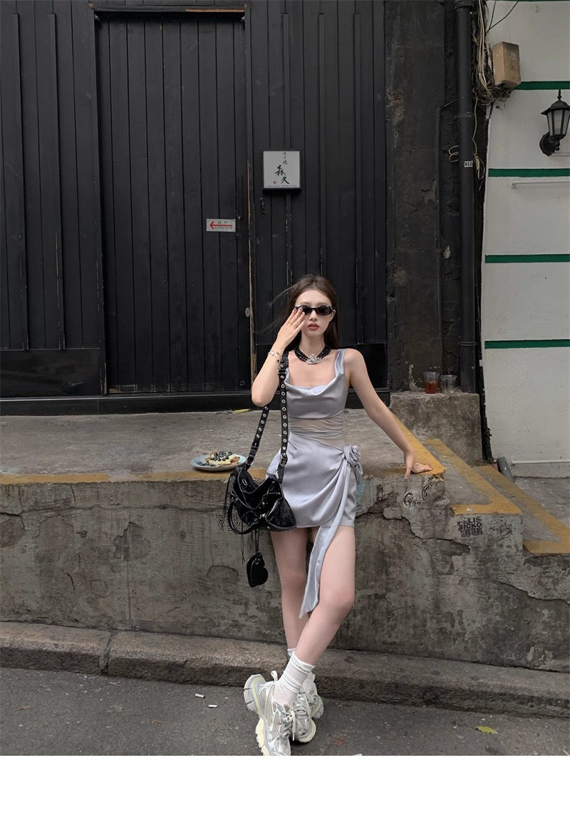 Sun. 落幕星河 緞面性感網紗拼接墜感連身裙