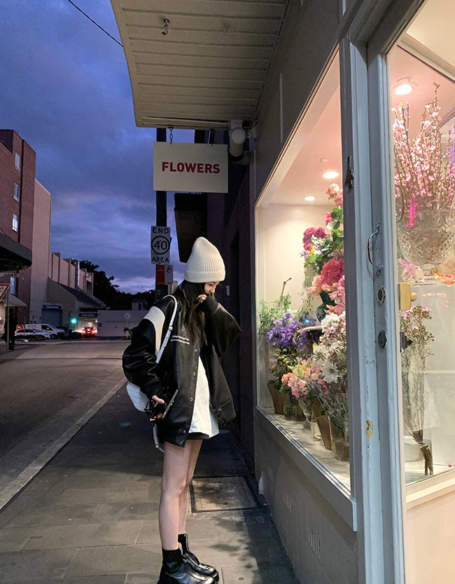 Sat. Towngirl復古拼色皮衣棒球外套 黑