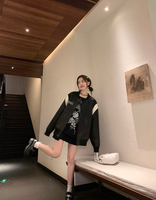Sat. Towngirl復古拼色皮衣棒球外套 黑