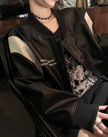 Sat. Towngirl復古拼色皮衣棒球外套 黑