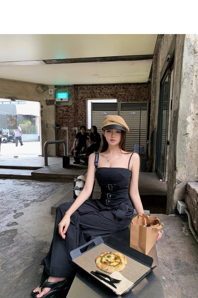 Sat. 朋克辣妹 機能設計感私服酷辣工裝抹胸 休閒褲 黑