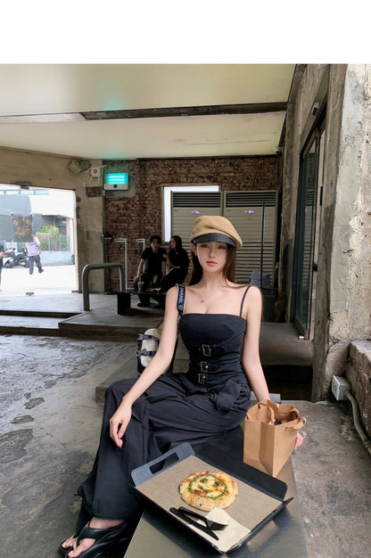 Sat. 朋克辣妹 機能設計感私服酷辣工裝抹胸 休閒褲 黑