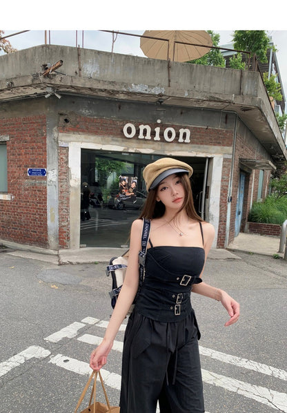 Sat. 朋克辣妹 機能設計感私服酷辣工裝抹胸 休閒褲 黑