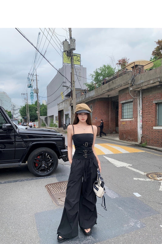 Sat. 朋克辣妹 機能設計感私服酷辣工裝抹胸 休閒褲 黑