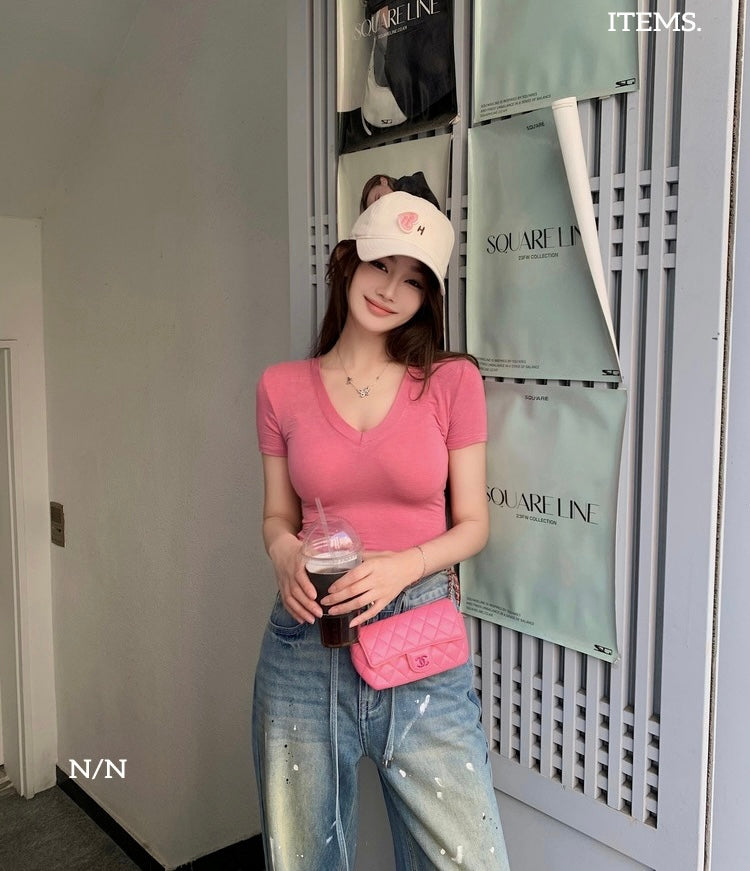 Wed. 熱辣多巴胺 夏日彩糖緊身彈力V領上衣 粉