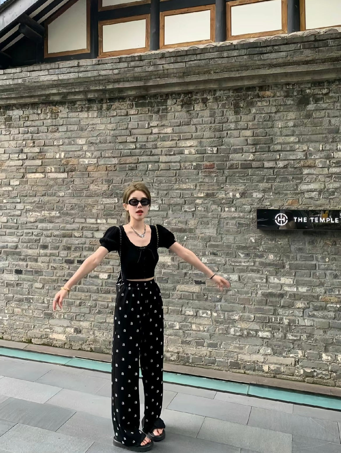 Mon. 超舒服 字母a印花落地褲