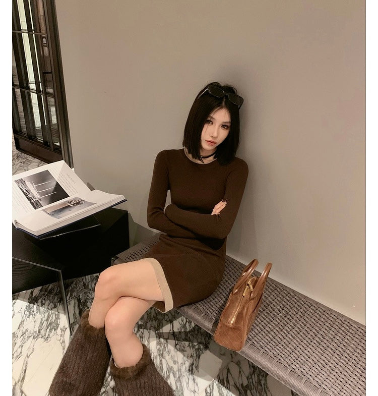 Sun. 顯瘦修身拼色辣妹裙 咖