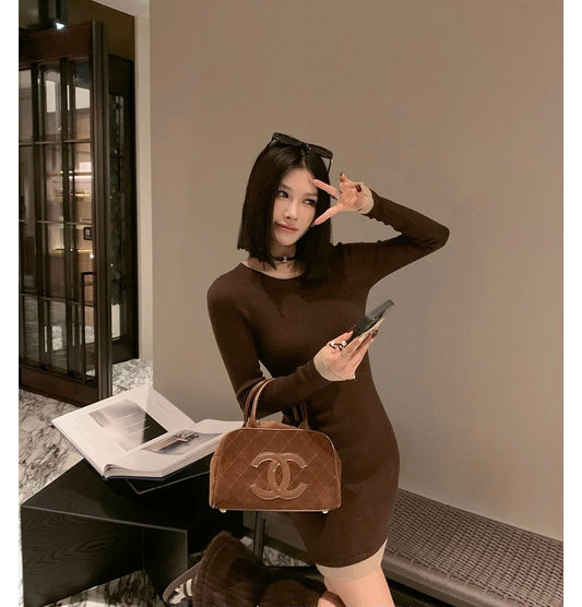 Sun. 顯瘦修身拼色辣妹裙 咖